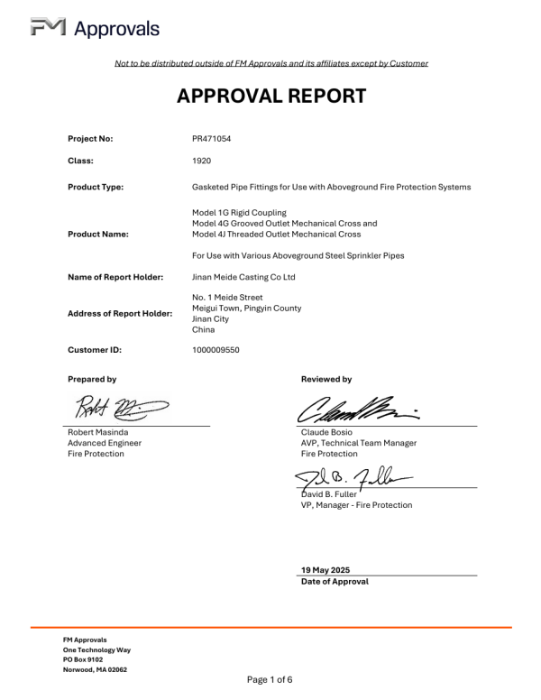 Meide Group's ductile iron grooved fittings in models 1G 457, 4G 273x76 / 273x114, and 4J 273x48 / 273x60 are FM approved.